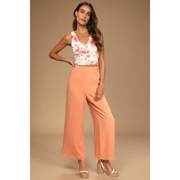 Lulus Pants - Lulus Breezy Bliss Peach Wide-leg High-waisted Pants Orange - Size XS